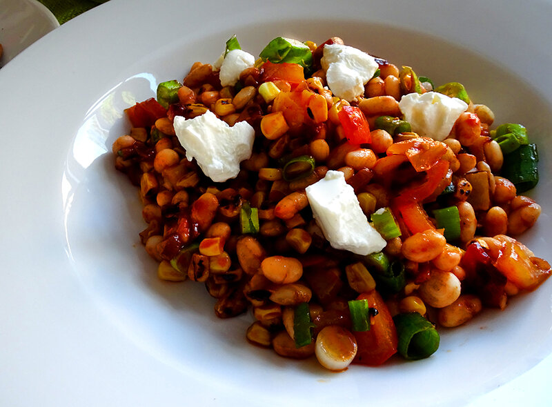 The finished salad dotted with sour cream
