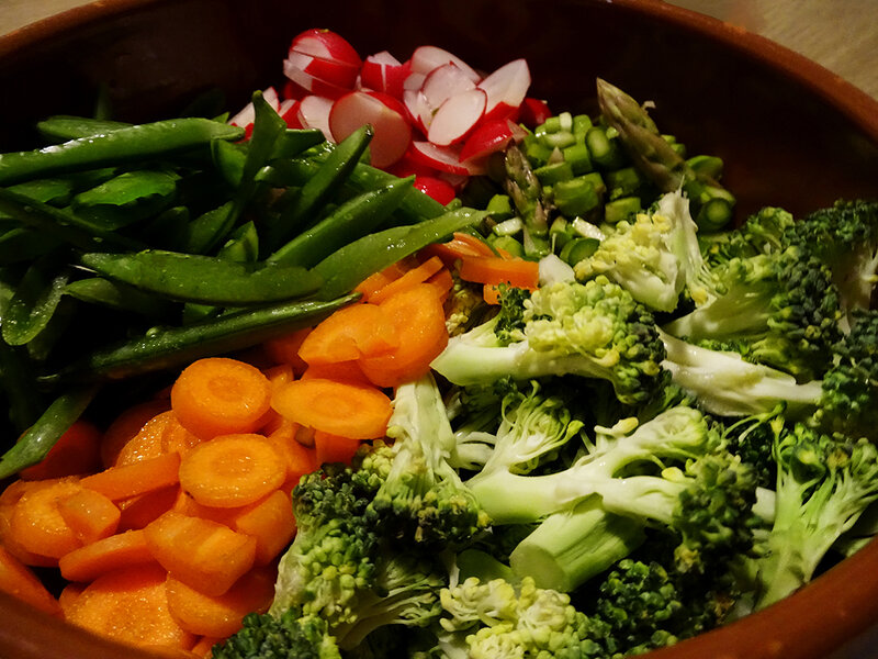 The vegetables are chopped in a serving bowl.