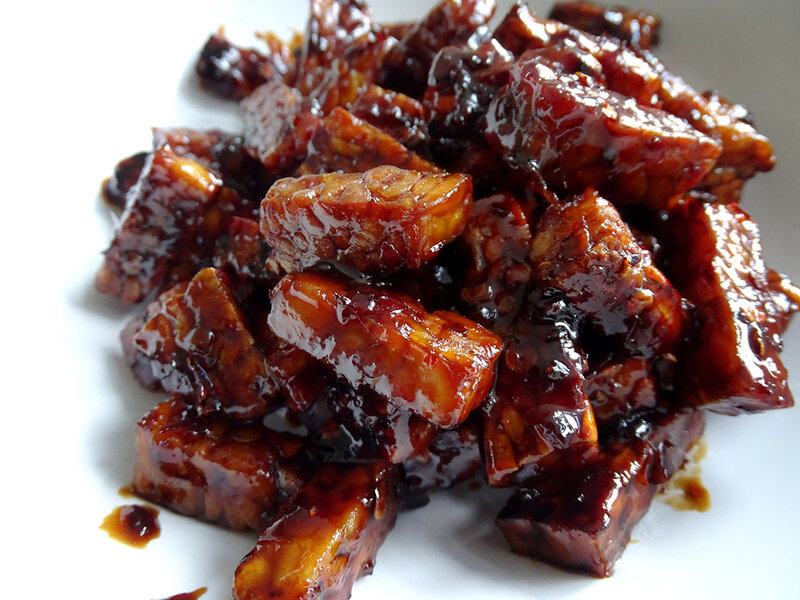 The tempeh is brown and sticky