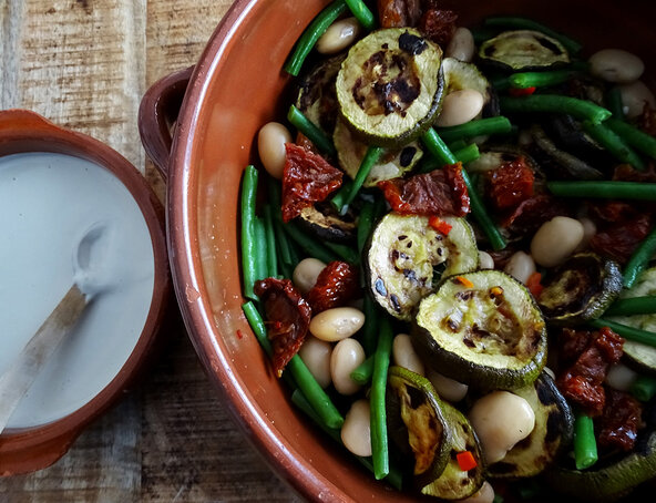 Lemony charred courgette salad with tahini sauce