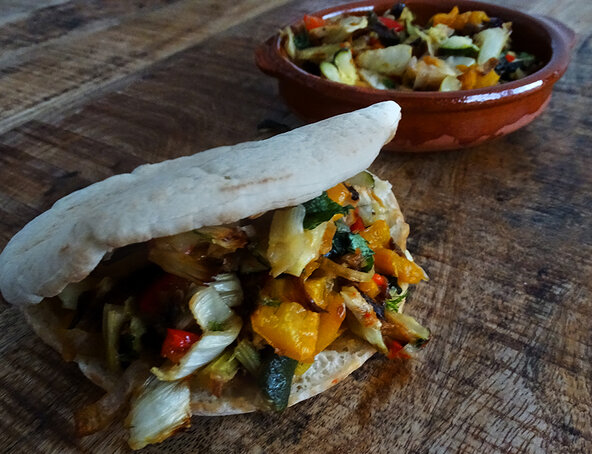Pitta stuffed with summer roasted vegetables