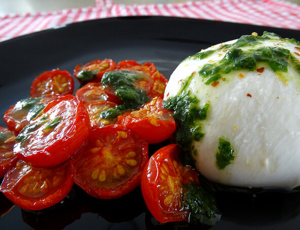 Roasted cherry tomatoes, burrata and basil oil