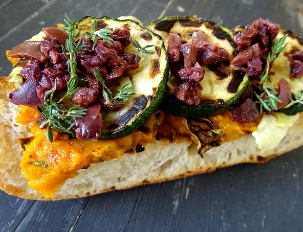 Mediterranean open sandwich with butternut squash and lemony courgette
